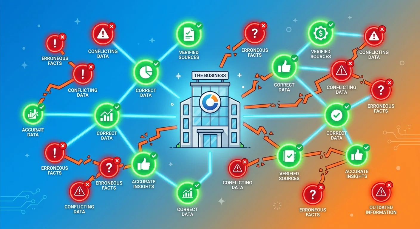 Business entity connected to fragmented knowledge graph with conflicting data nodes