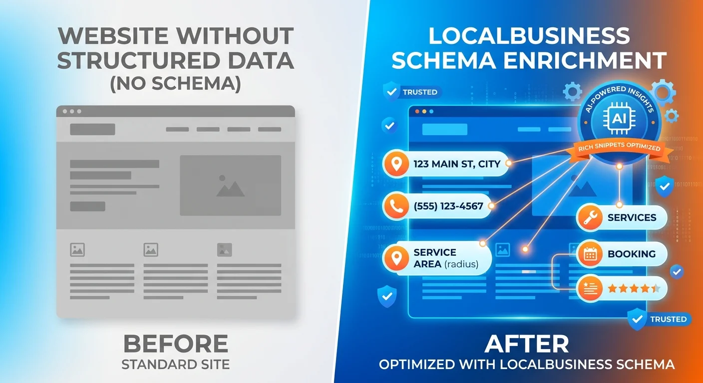 Comparison of website without schema versus website with LocalBusiness schema markup enabling AI recommendation