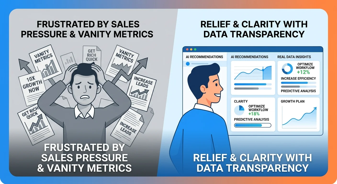 Comparison showing difference between high-pressure sales call and transparent AI diagnostic process