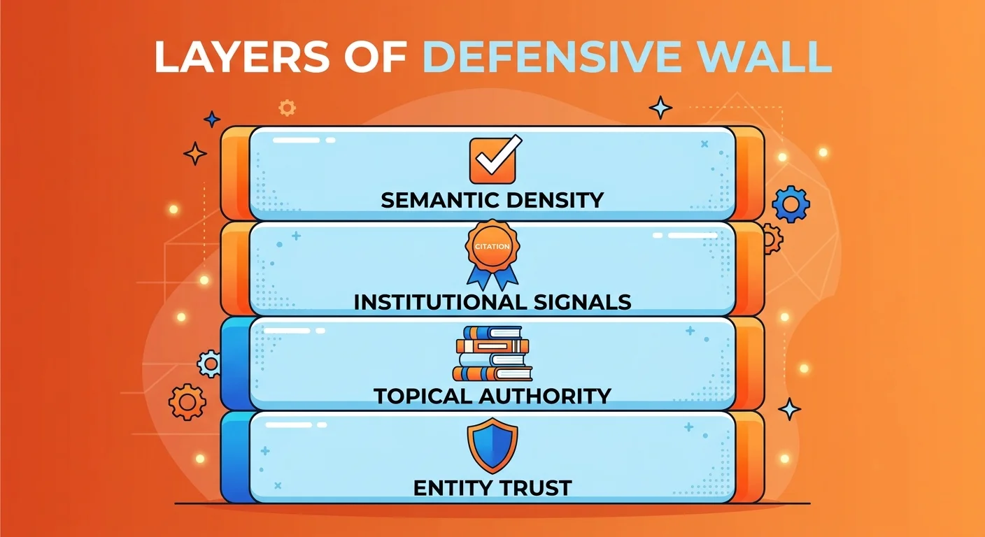 Four structural layers of a defensive Answer Moat protecting AI authority position