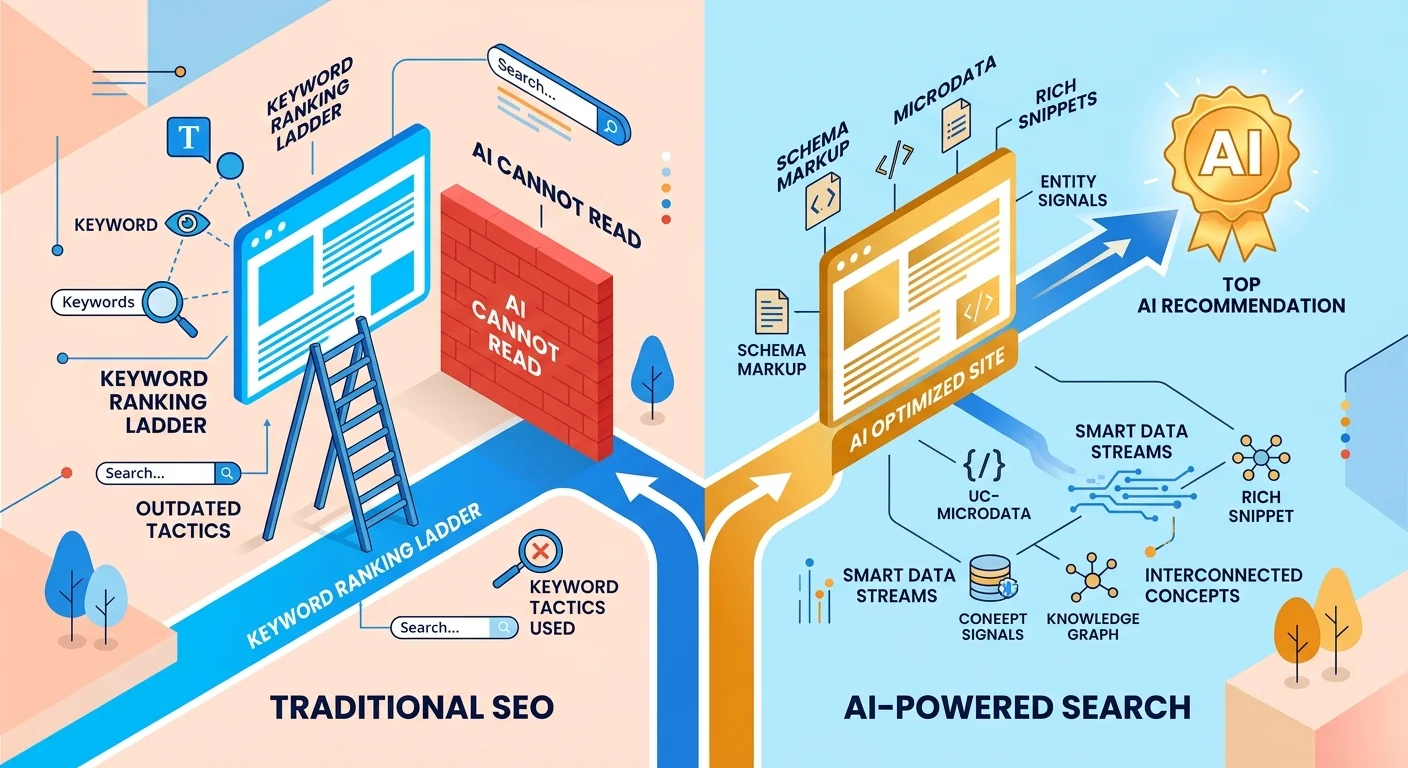 High keyword rankings blocked from AI visibility while entity trust signals enable AI recommendations