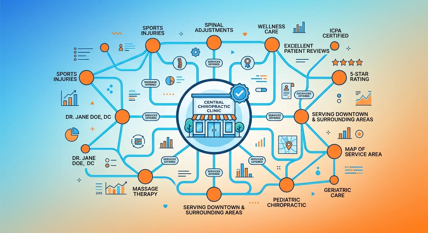 Knowledge graph visualization showing chiropractic clinic entity connected to services credentials and authority signals