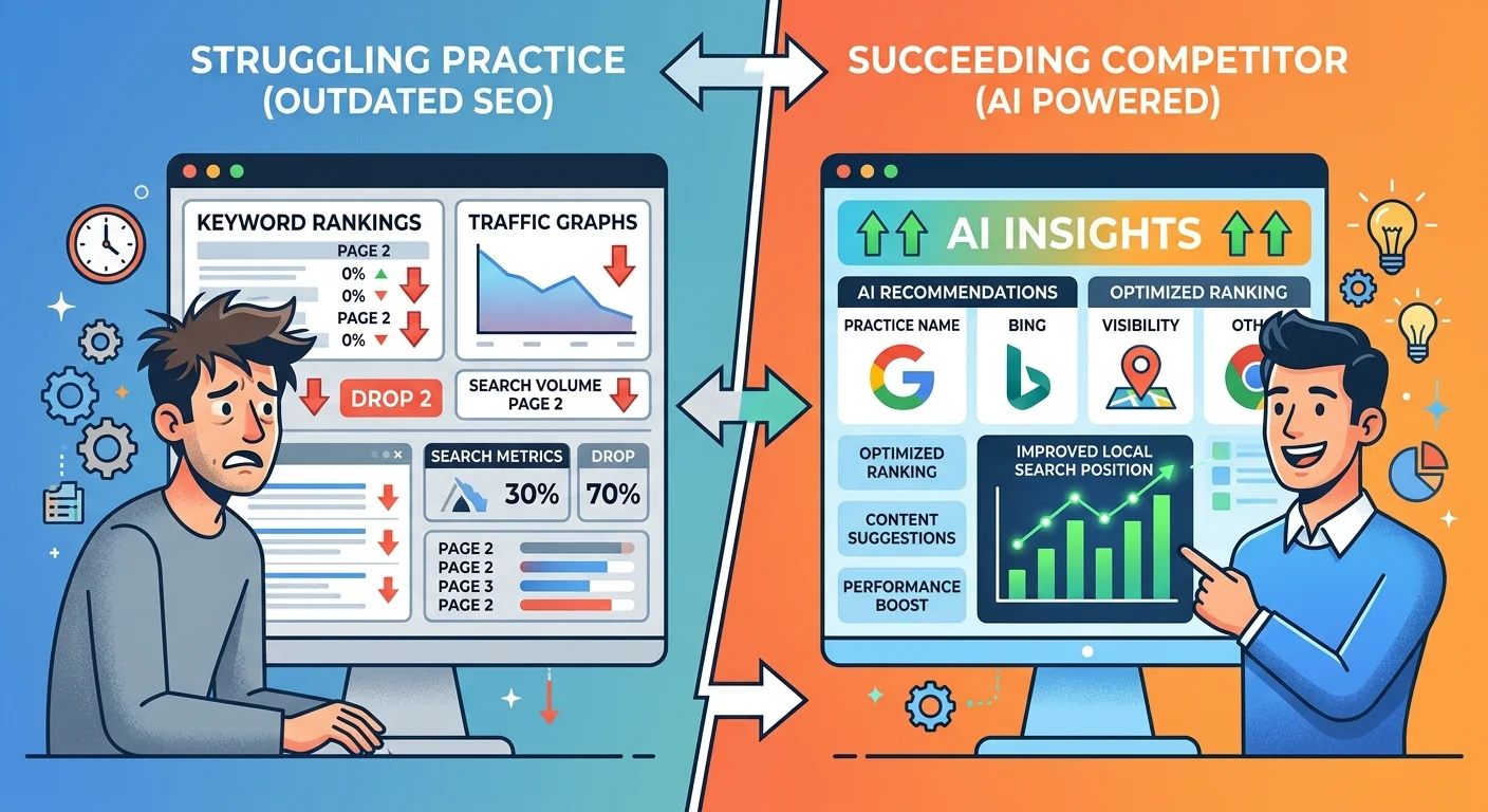 Practice owner comparing outdated SEO metrics to competitor AI recommendation dominance