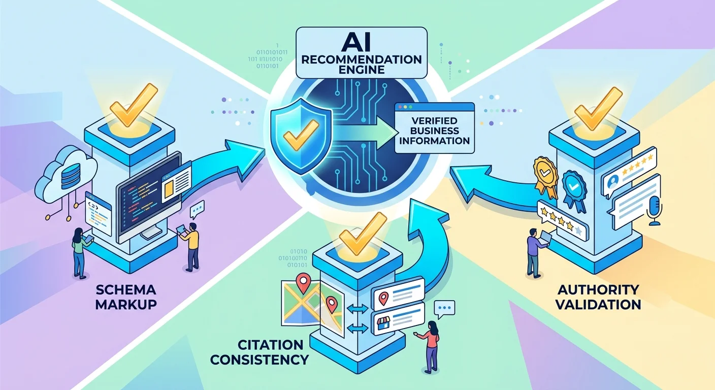 Three entity trust signals AI engines use to verify business information: schema markup, citation consistency, and authority validation