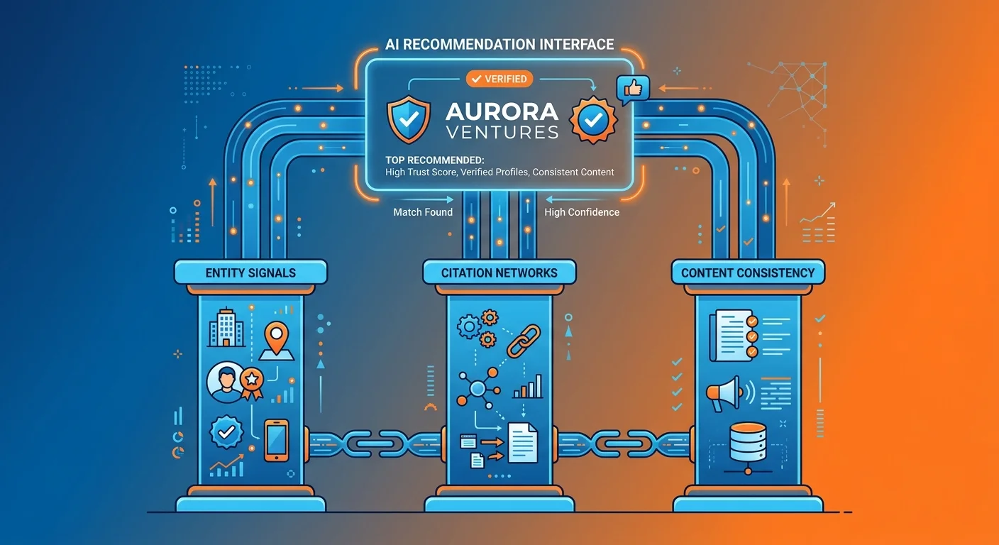 Three pillars of AI consensus building entity signals citation depth and content consistency feeding recommendation engine
