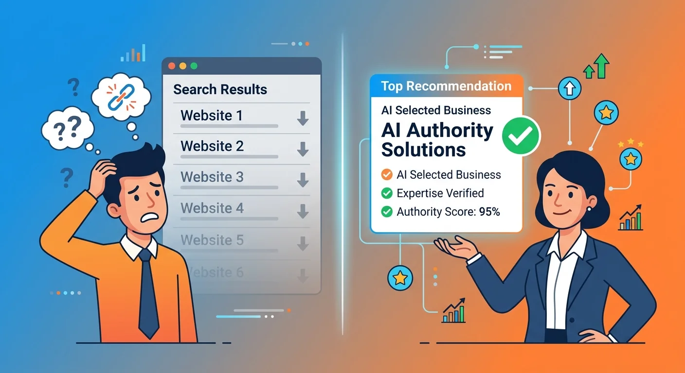 Traditional SEO ranking list versus AI single answer recommendation comparison