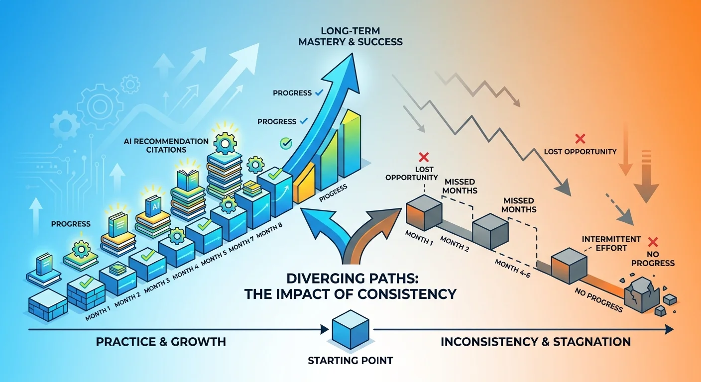 Visual comparison showing compounding AI authority advantage over time versus practice inaction