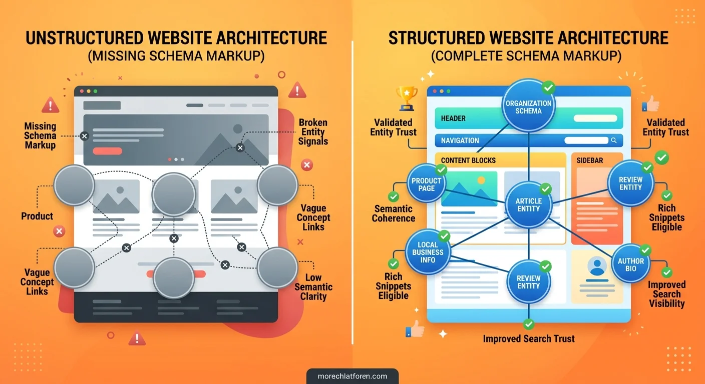 Side by side comparison of template website with missing schema and weak signals versus authority infrastructure with complete validation layers