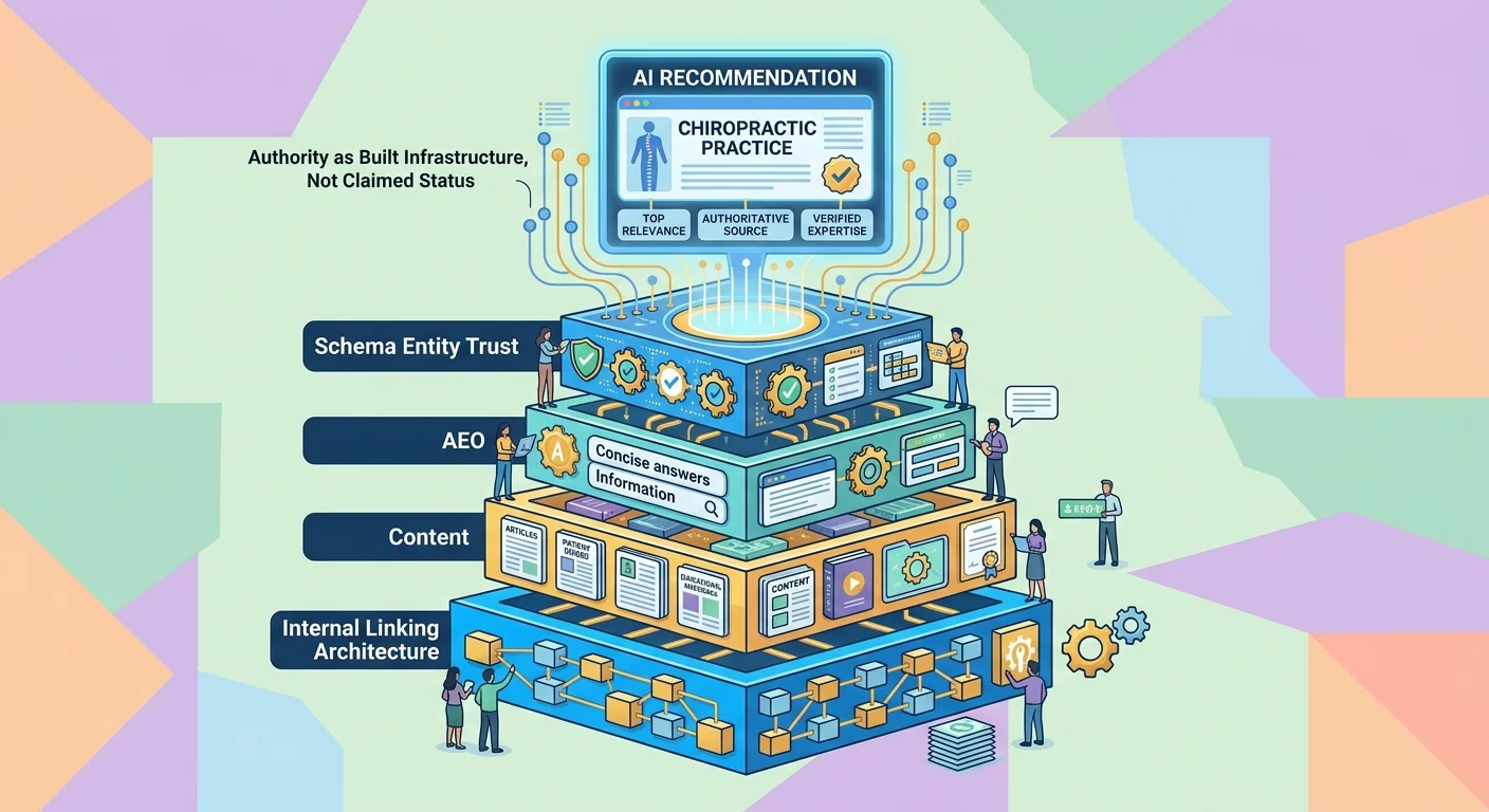 authority infrastructure foundation supporting AI recommendation with schema entity trust and AEO content layers
