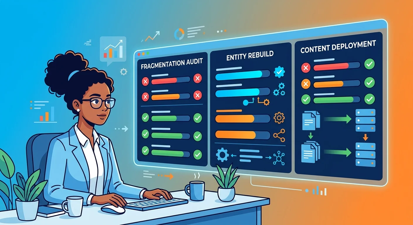 business analyst auditing entity fragmentation and rebuilding national digital presence infrastructure in three phases