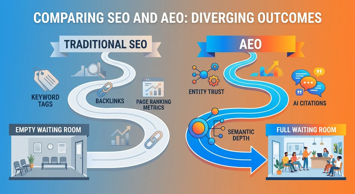 Traditional SEO path leading to empty results versus AEO path leading to full patient schedule