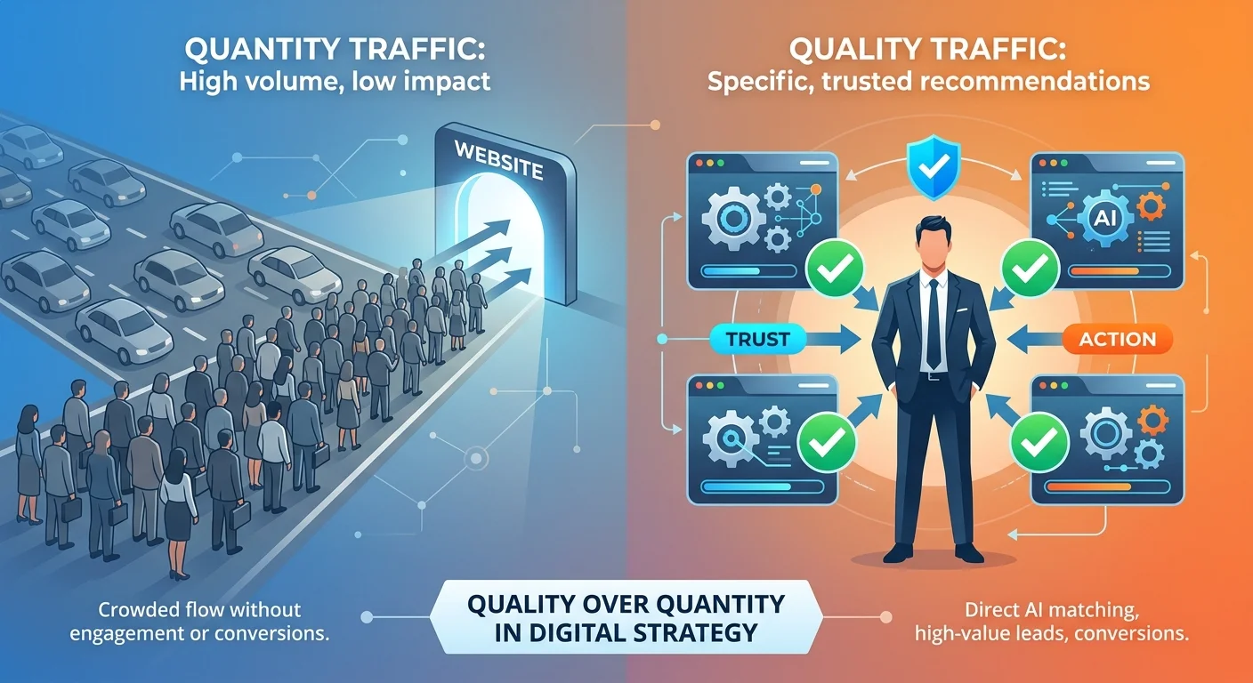 traffic volume versus AI authority showing single trusted recommendation outperforming high traffic numbers