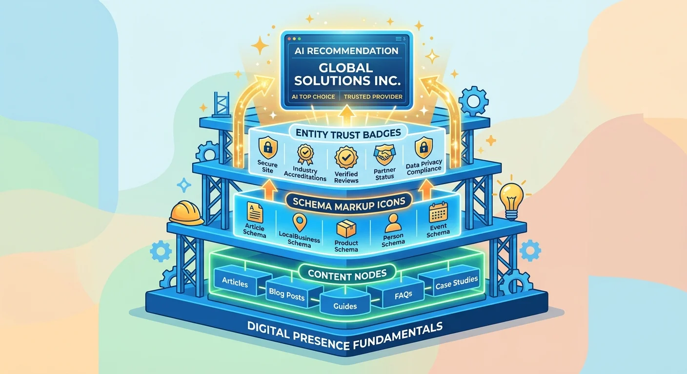 Authority infrastructure foundation showing schema entity trust and content layers supporting AI recommendation