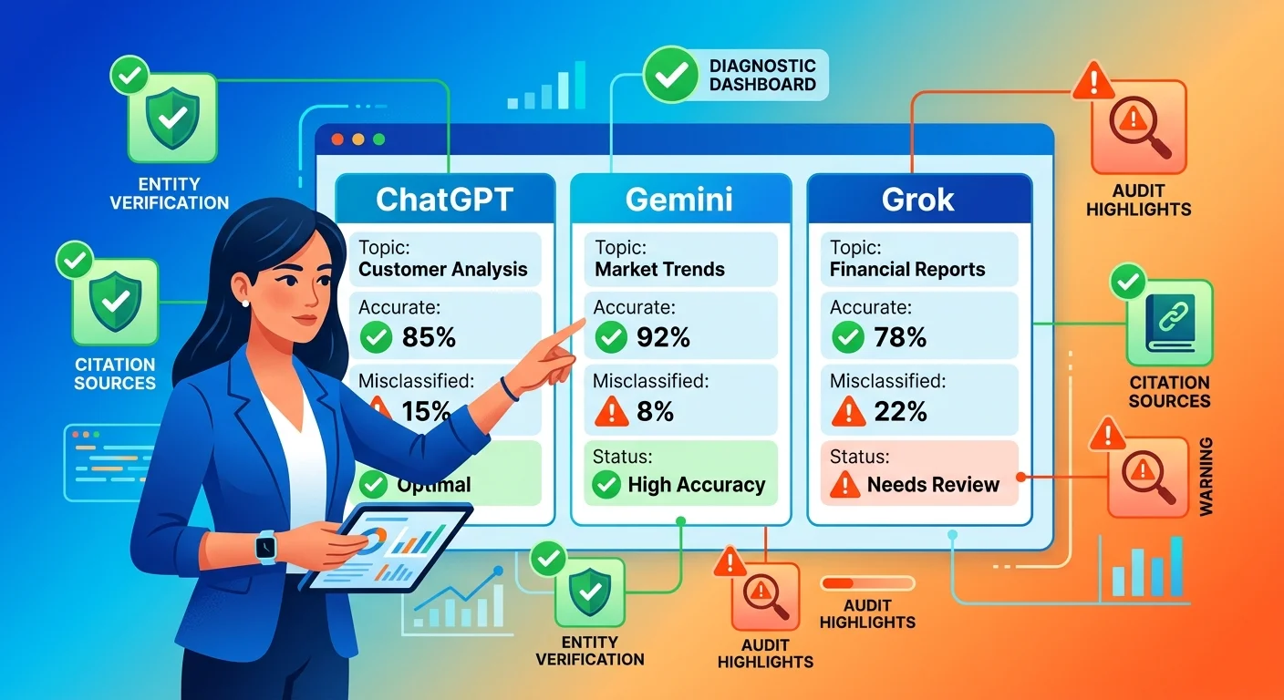 Business owner auditing AI classification accuracy across multiple AI engines with diagnostic dashboard