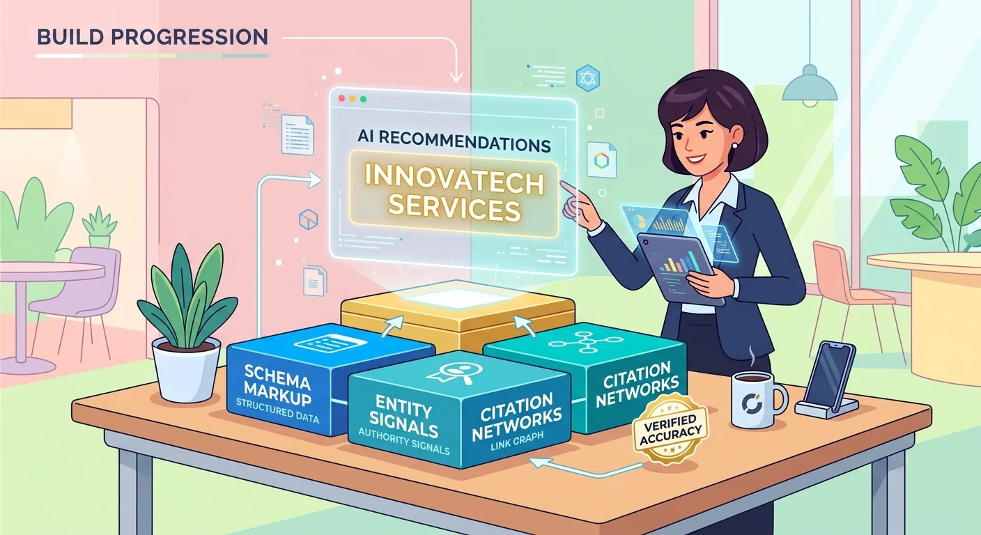 Business owner building consensus-based AI authority infrastructure with layered foundation of entity trust and citations