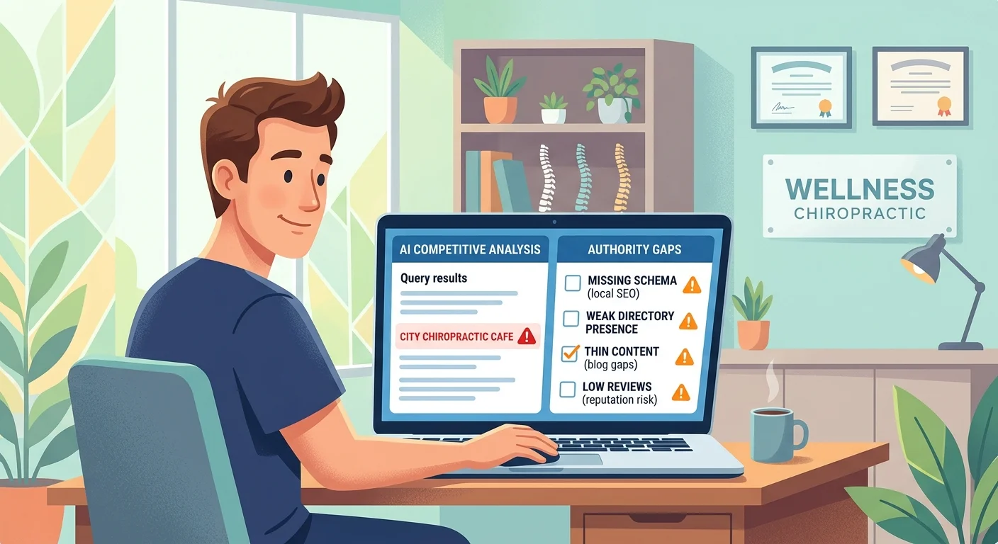 Chiropractor reviewing AI visibility diagnostic showing competitor dominance and authority gaps