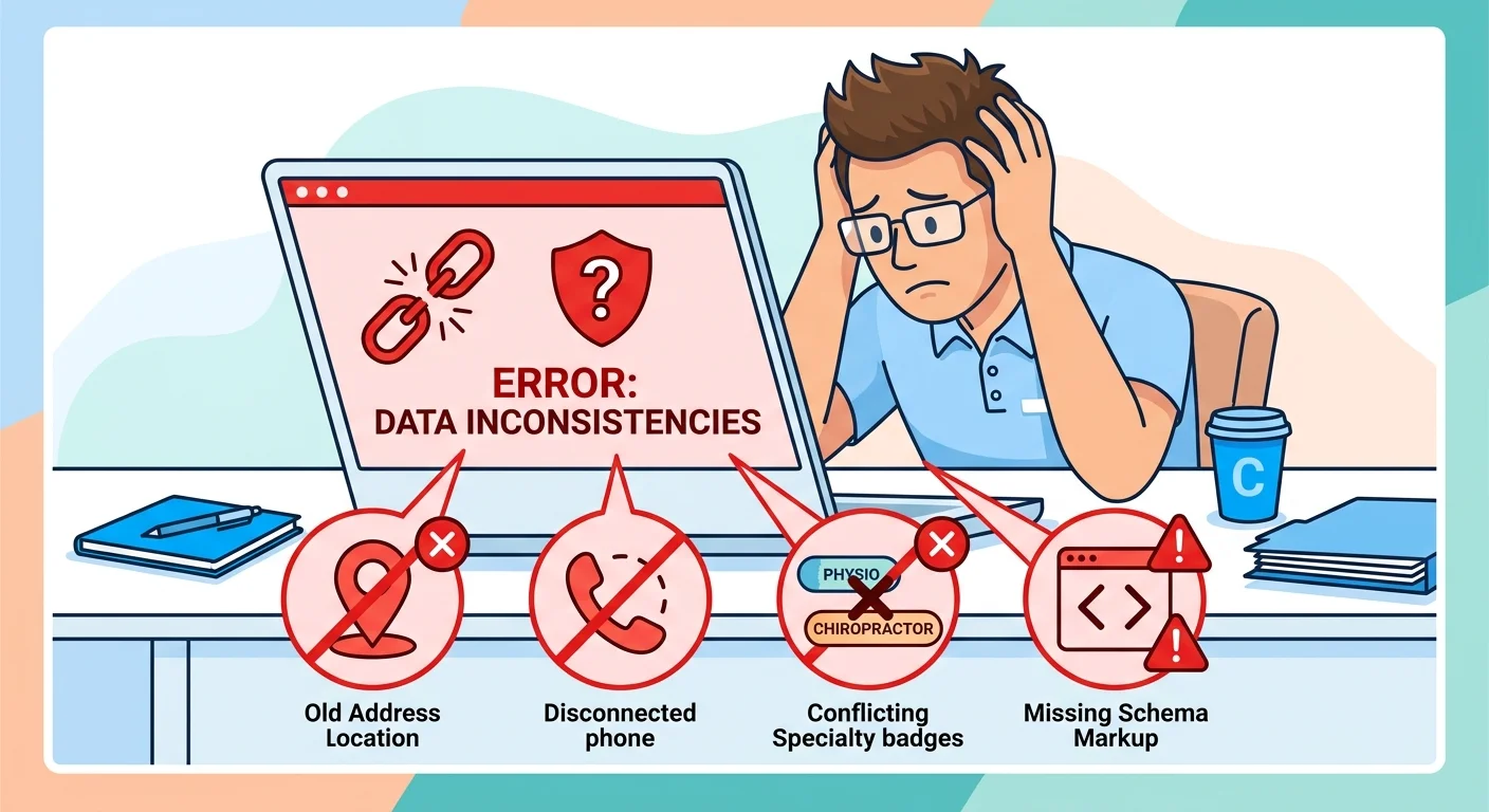 Common consensus trust failures showing data inconsistencies that prevent AI from validating chiropractic clinic authority