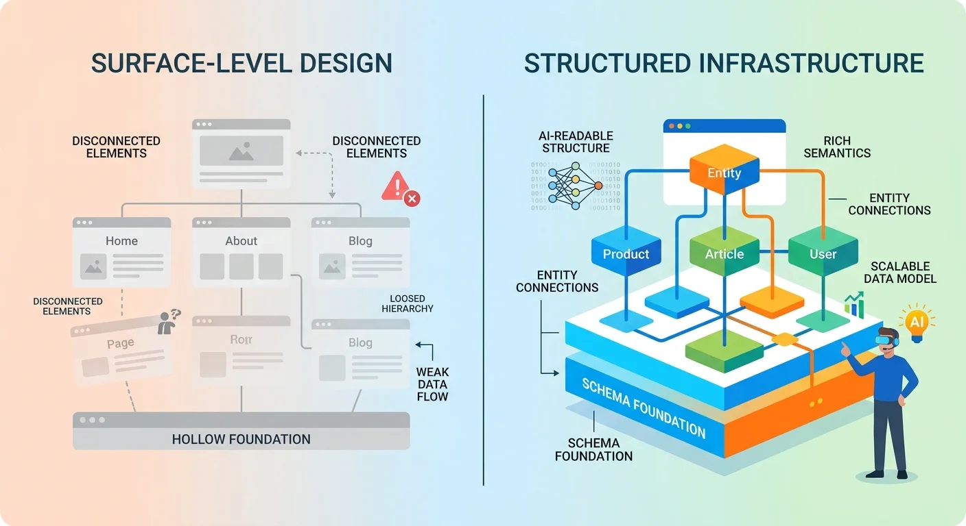 Comparison of surface level web design versus deep AI readable infrastructure foundation