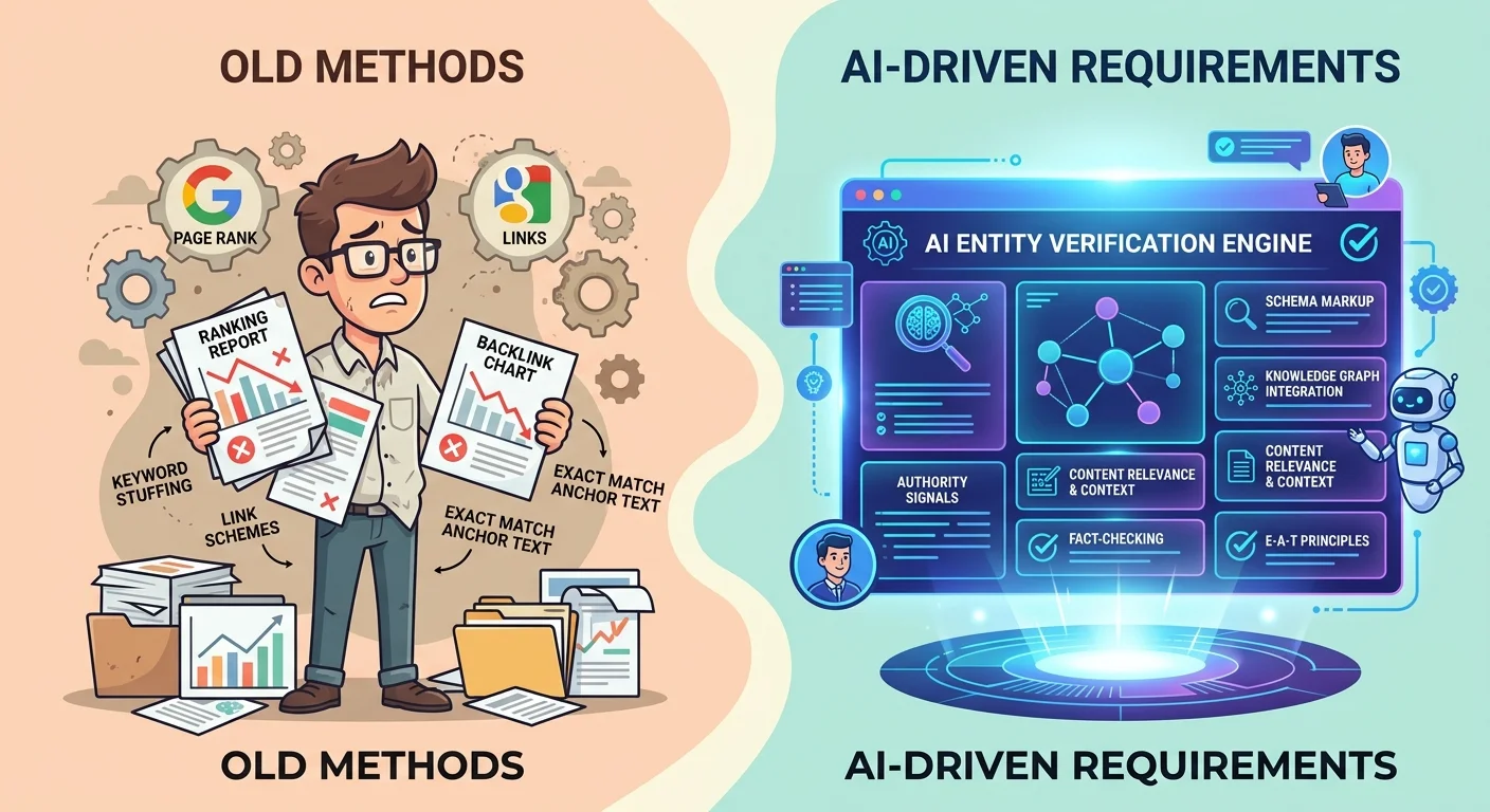 Comparison showing traditional SEO methods failing to address AI entity verification requirements