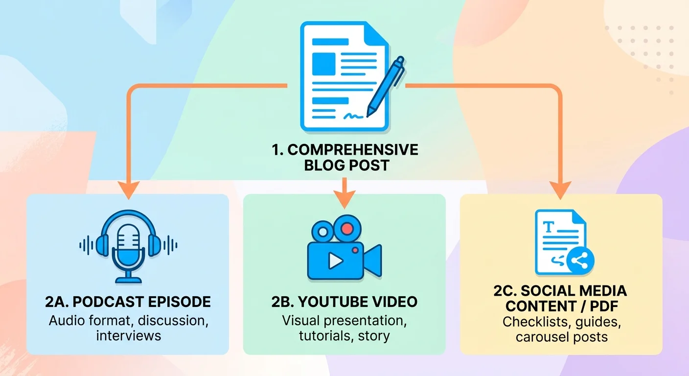 Content repurposing workflow turning one piece into multimodal authority signals