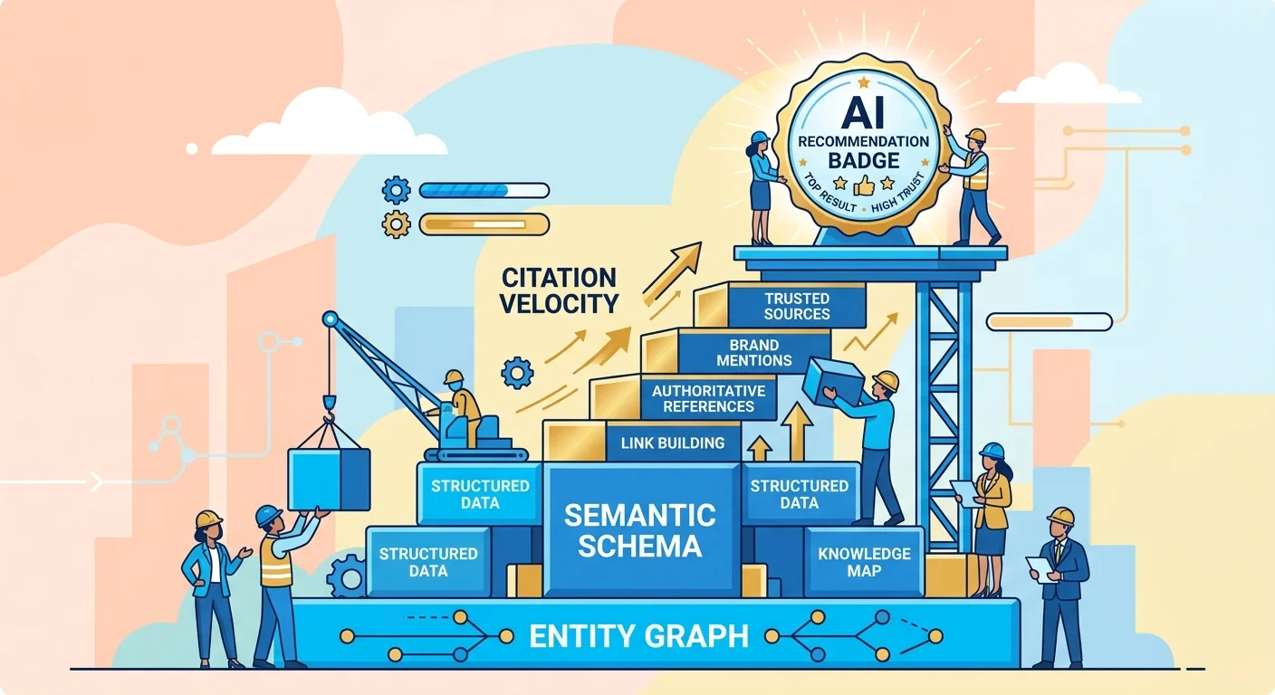 Entity trust building process showing layered infrastructure supporting AI recommendation authority