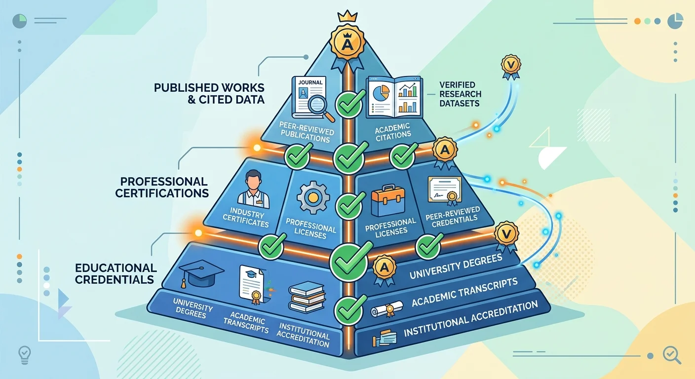 Fact pillar hierarchy showing credentials certifications and published proof validating founder expertise