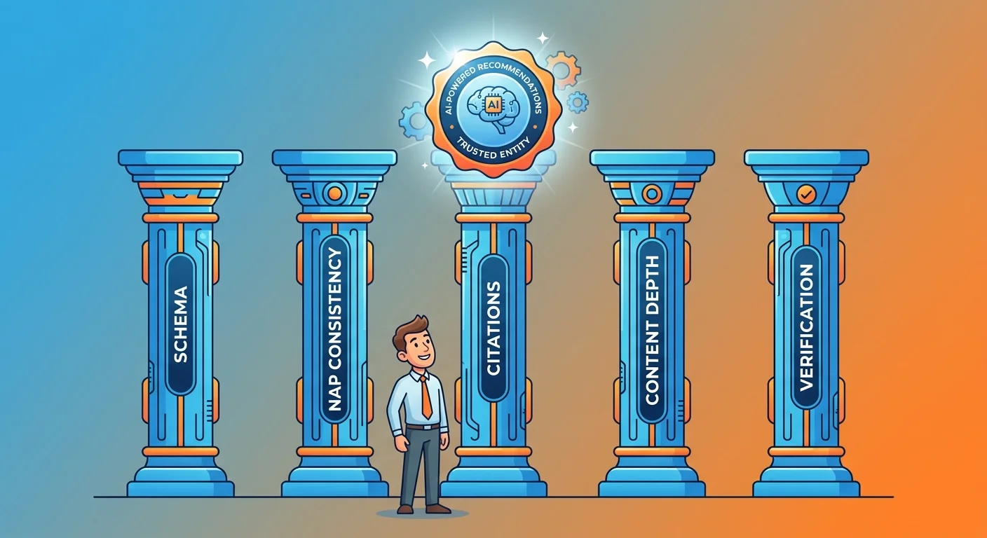 Five pillars of entity trust supporting AI recommendation including schema NAP citations content and verification