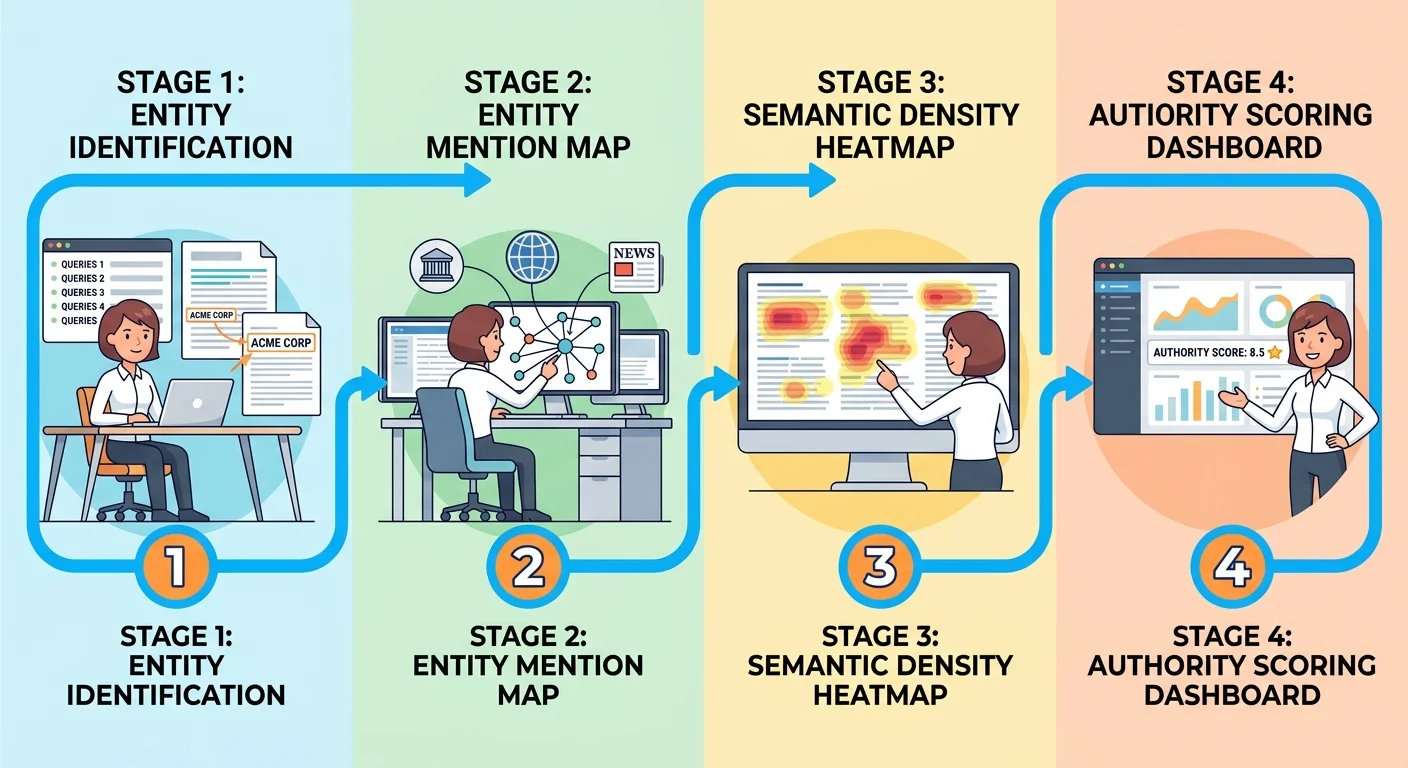 Four step process for executing competitor AI citation audit from entity identification to authority scoring