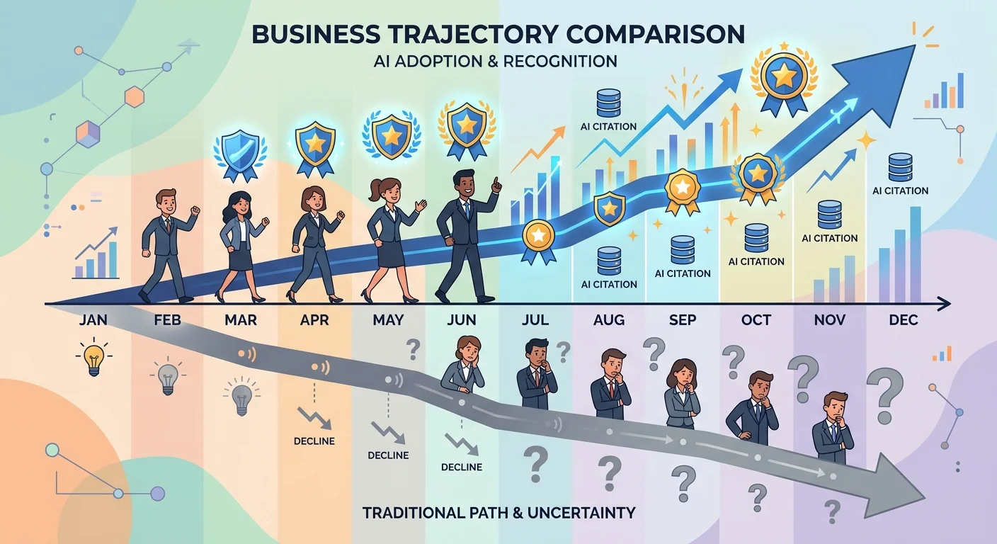 Market authority displacement timeline showing compounding gap between displaced and invisible businesses