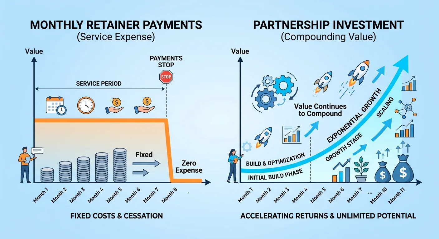 Partnership investment value compounding over time versus flat retainer expense value disappearing