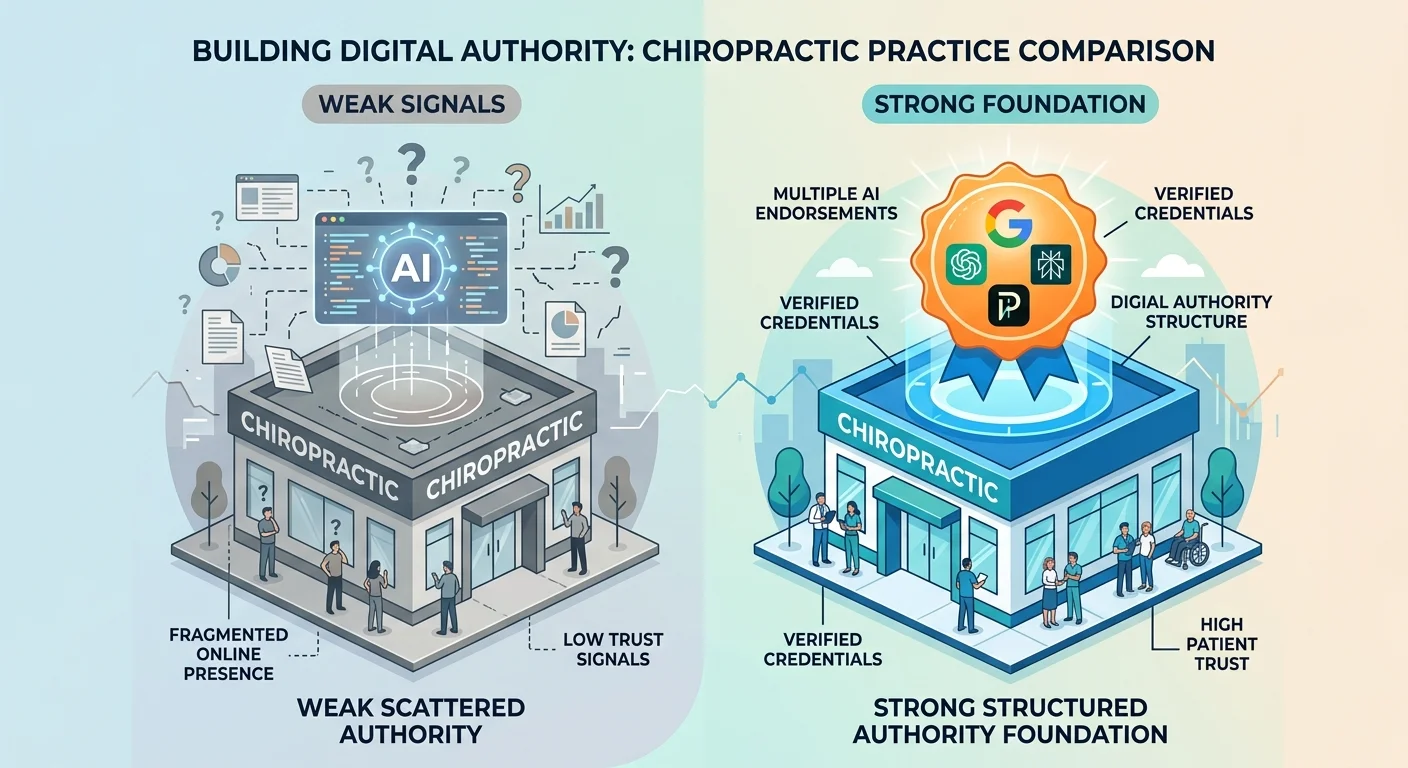 AI engine comparing two chiropractic practices and selecting competitor with complete authority infrastructure over practice with validation gaps