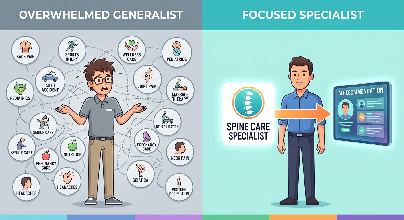 Unfocused generalist chiropractor versus specialized competitor earning AI recommendation through clear authority signals