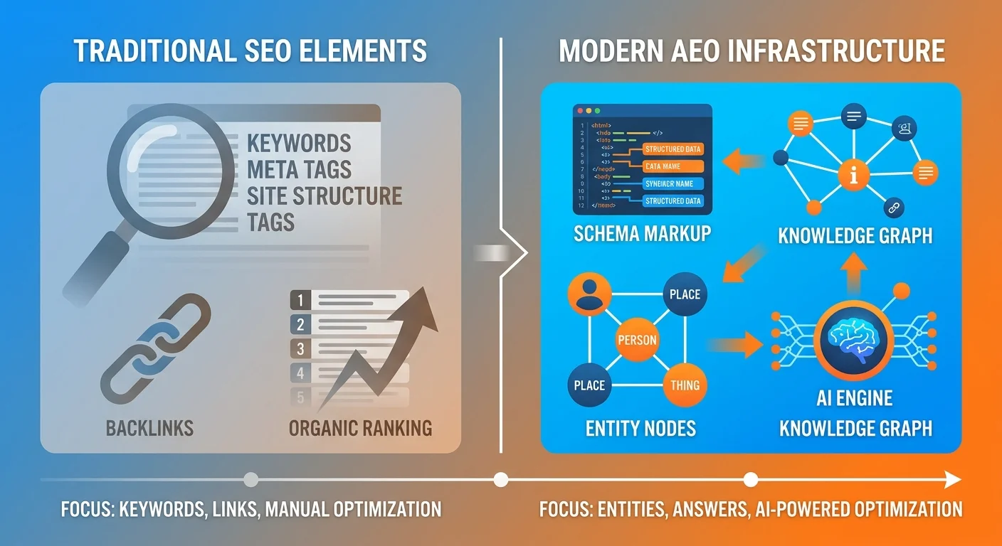 Visual comparison between traditional SEO tactics and modern machine-readable AEO infrastructure for AI recommendations