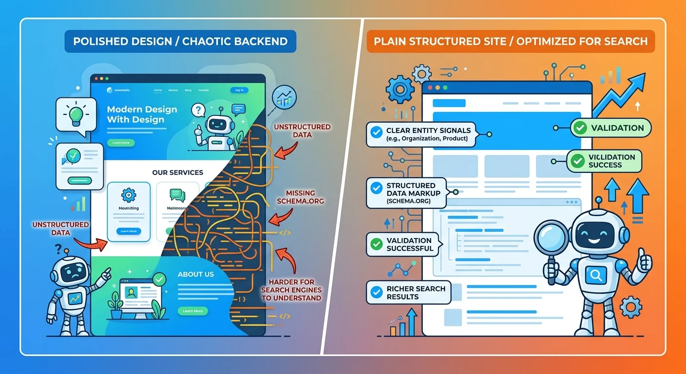 Visual contrast between aesthetically designed website focused on human visitors versus machine-readable authority infrastructure AI engines trust