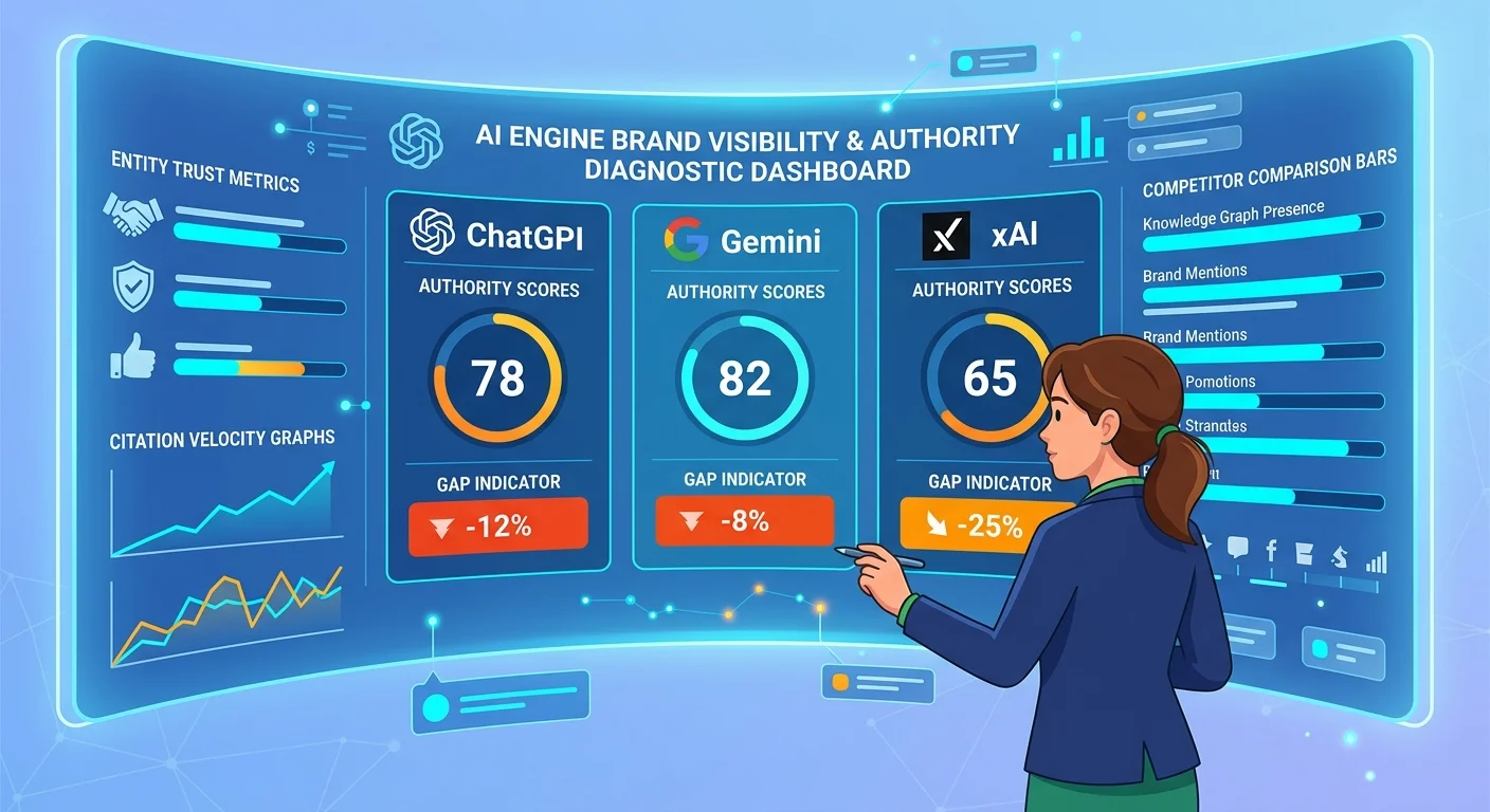 AI Visibility Check diagnostic dashboard auditing Answer Moat strength and entity trust gaps