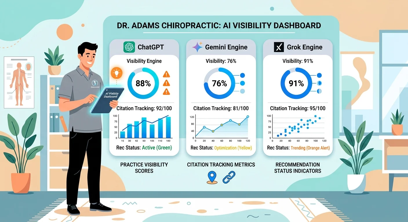 AI Visibility Check results dashboard comparing practice authority status across ChatGPT Gemini and Grok with competitor analysis