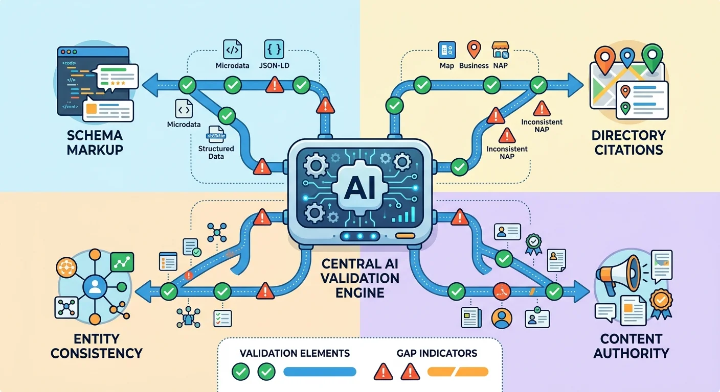 AI engine validation process checking schema citations content authority and entity consistency