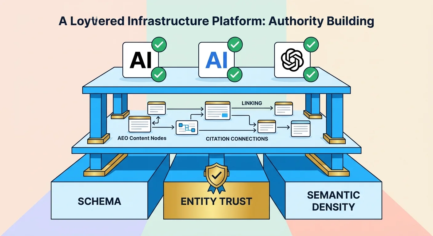 Layered authority infrastructure diagram from schema foundation through content to AI engine verification and recommendations