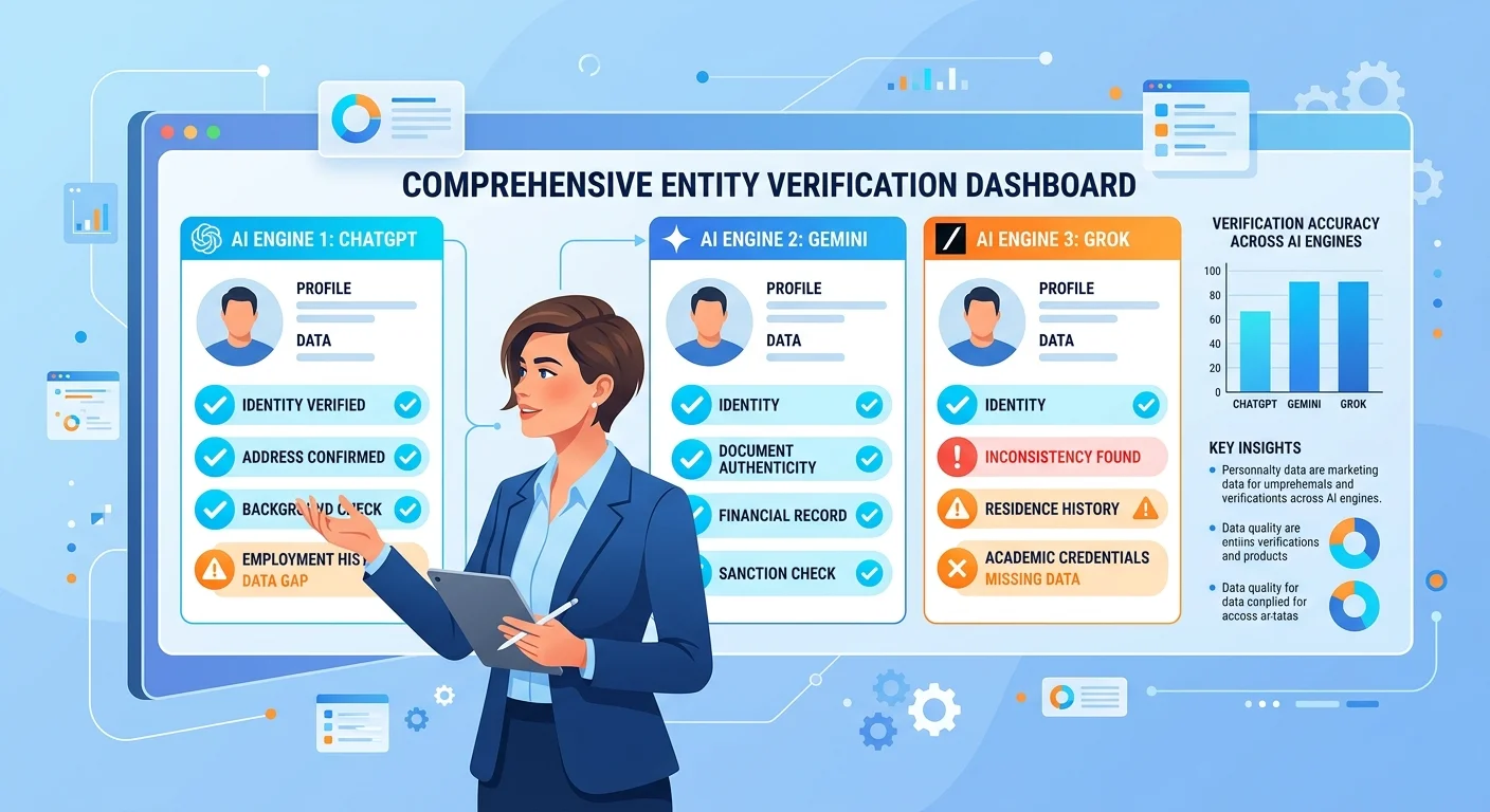 Business entity audit dashboard showing verification status across multiple AI engines