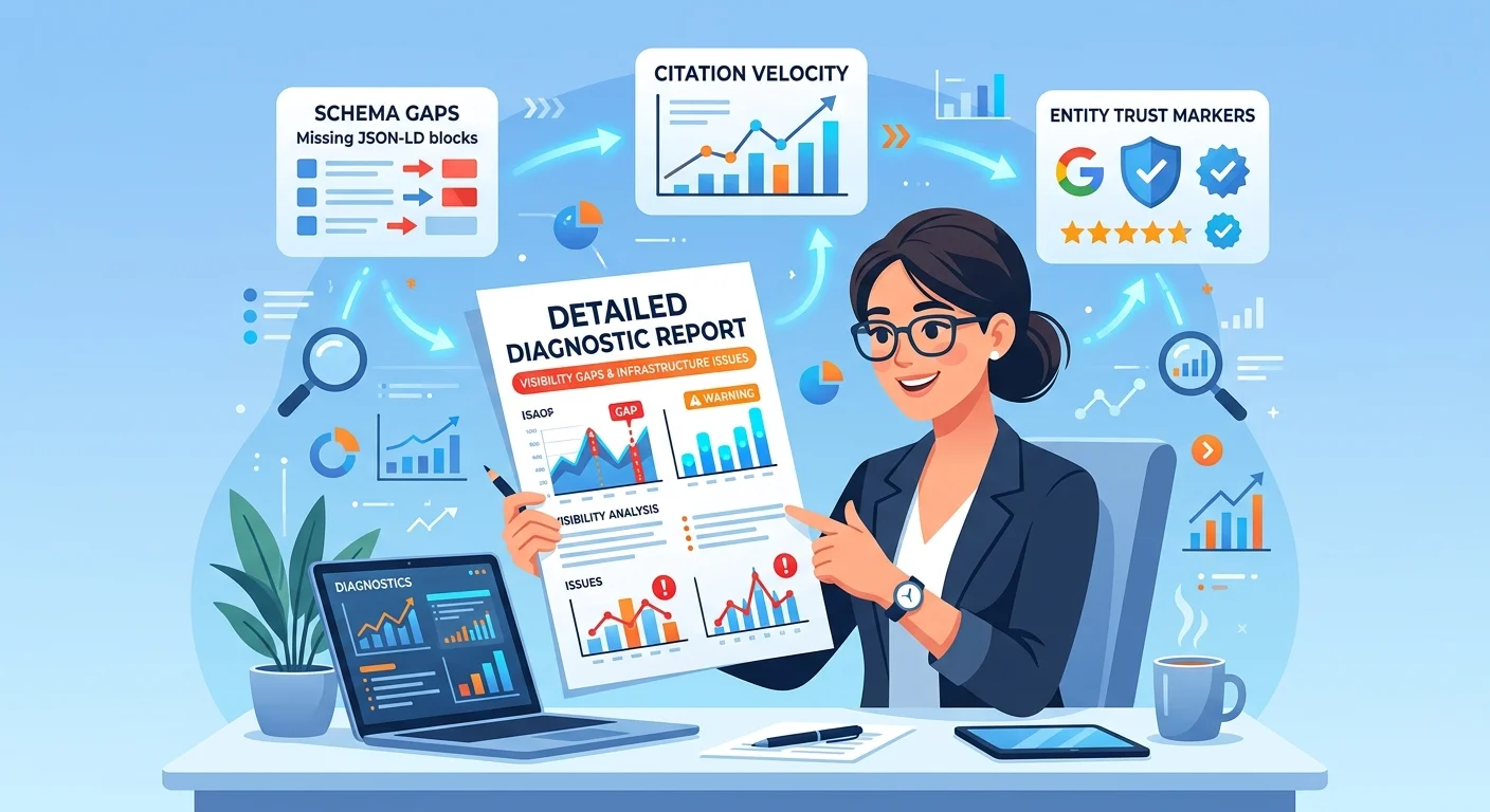Business owner reviewing AI Authority Snapshot report showing visibility gaps and infrastructure issues after diagnostic call