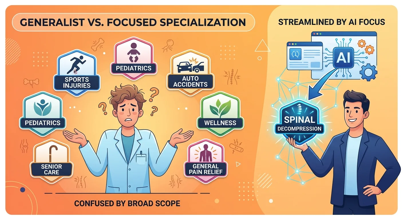 Generalist everything to everyone practice creating semantic noise versus specialist with clear authority focus receiving AI recommendation