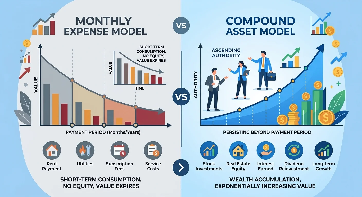 Monthly SEO expense model versus compound authority asset investment showing long term value difference