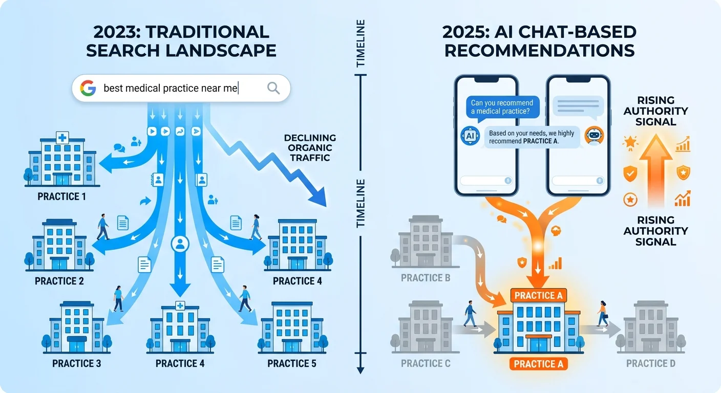 Patient discovery shift from traditional search traffic to AI recommendation authority over time