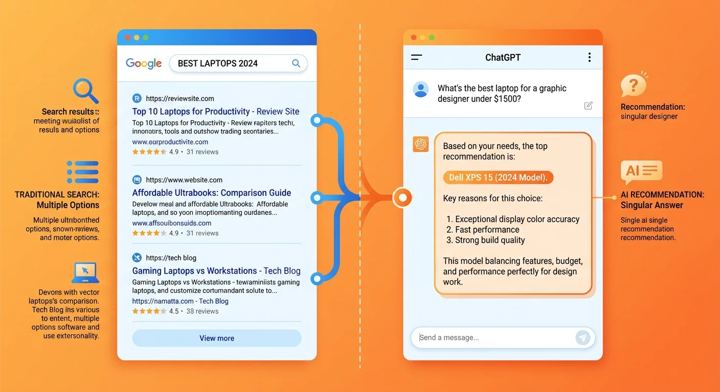 Shift from traditional search results lists to single AI recommendation verdicts