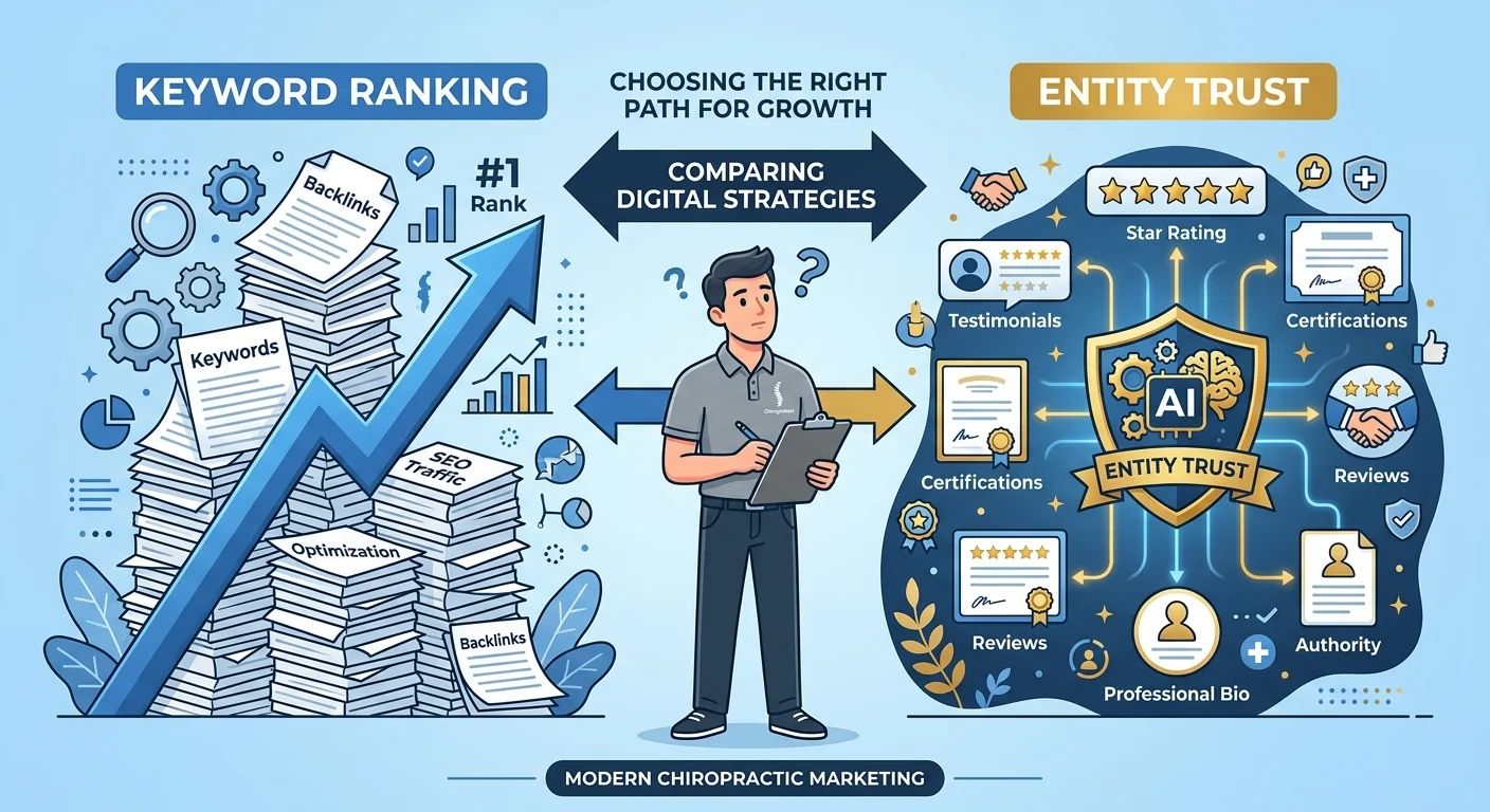 Side by side comparison of keyword ranking optimization versus entity trust building for chiropractors