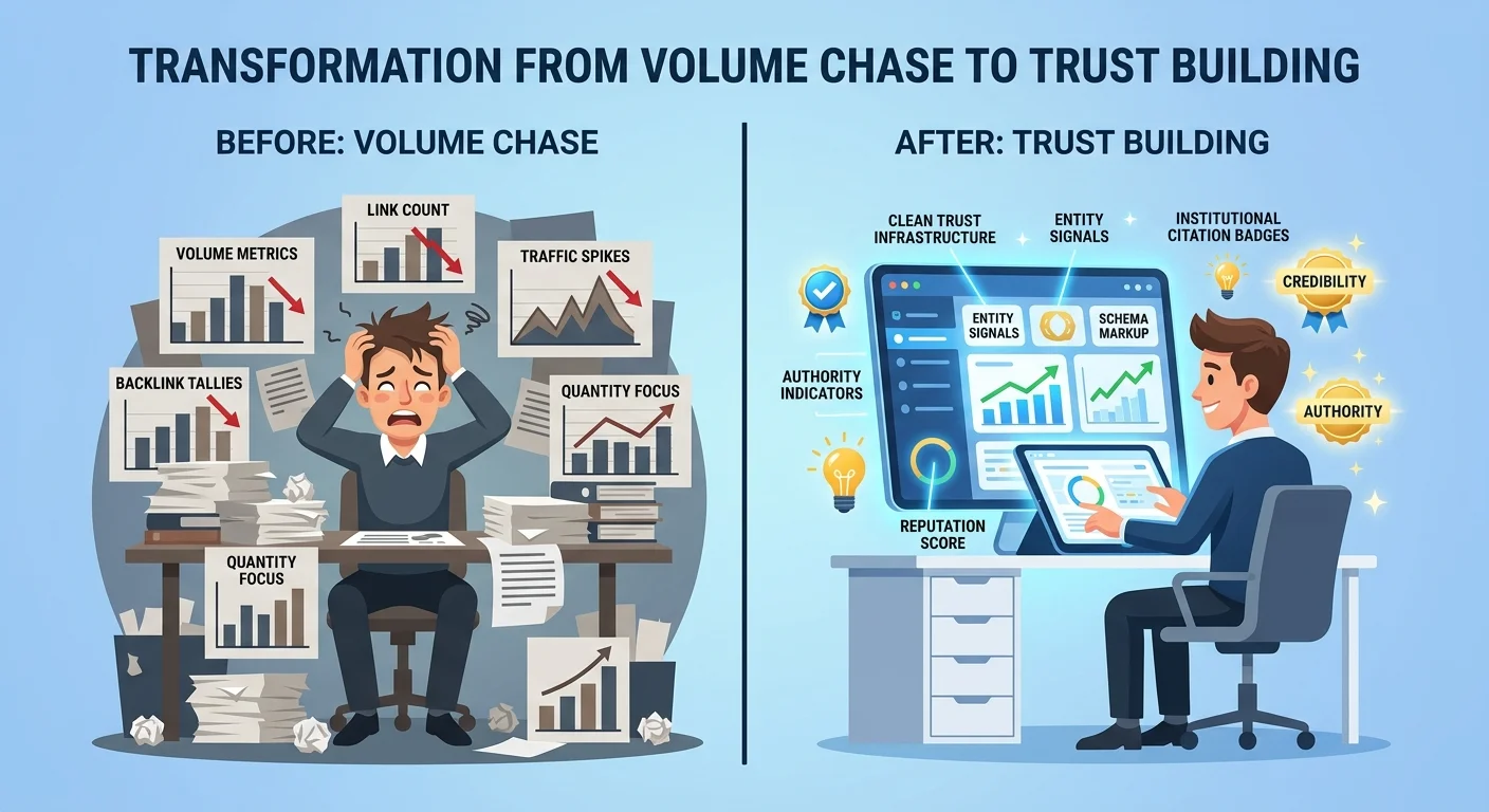 Strategic shift from chasing citation volume to building superior entity trust infrastructure