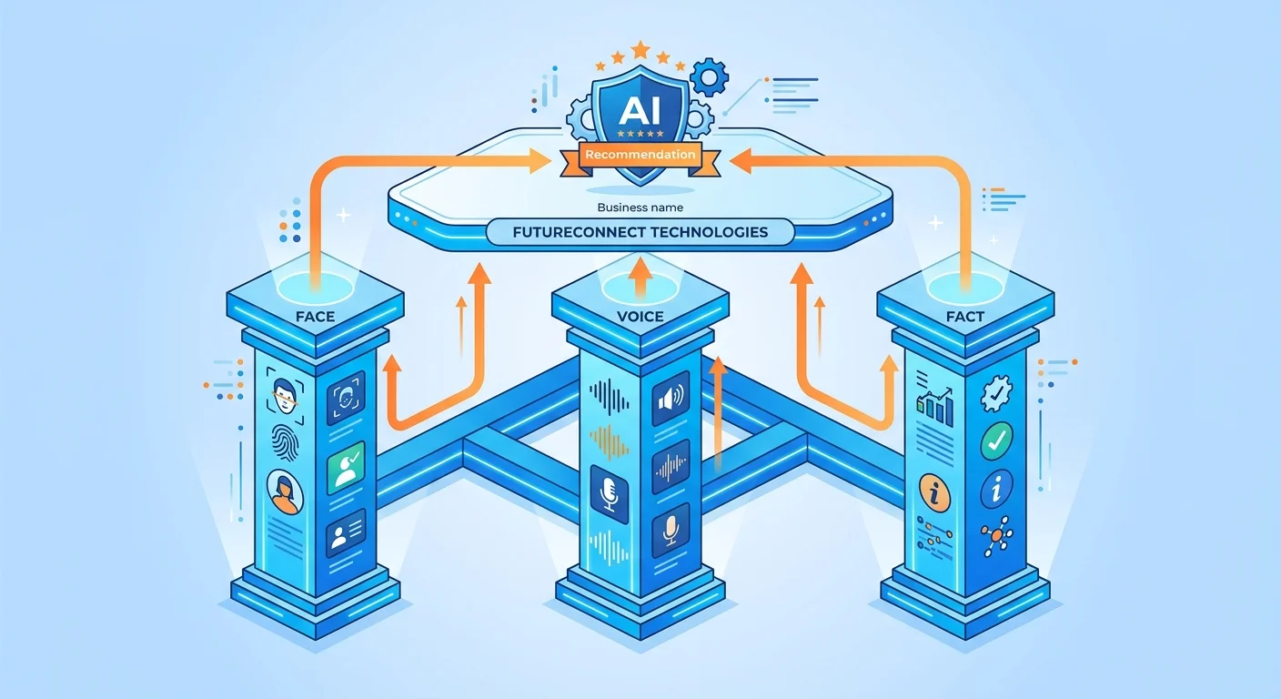 Three pillars of Face Voice and Fact working together to build entity trust for AI recommendations