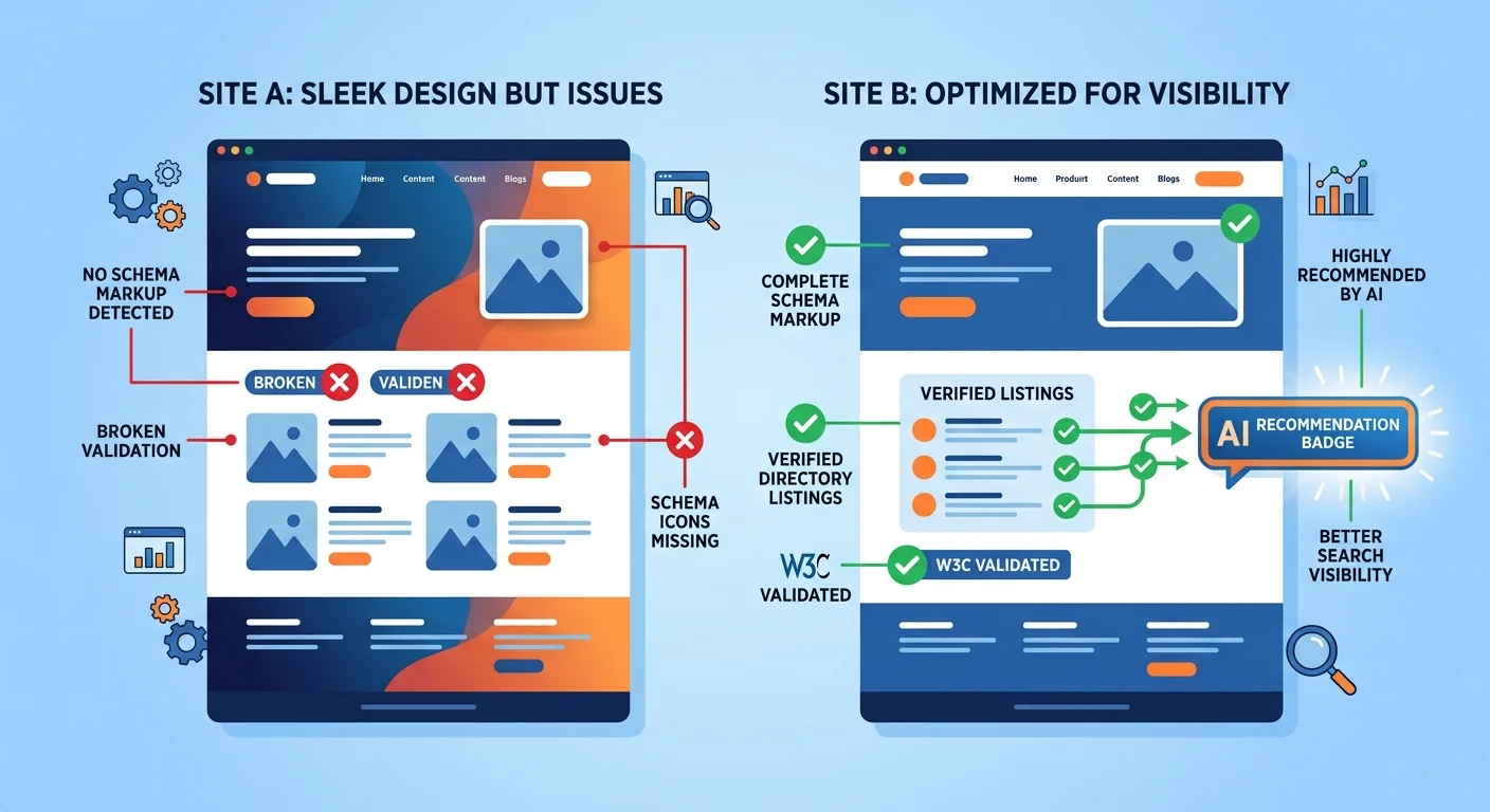 Visual comparison showing inferior website design with superior authority infrastructure earning AI recommendation over prettier site