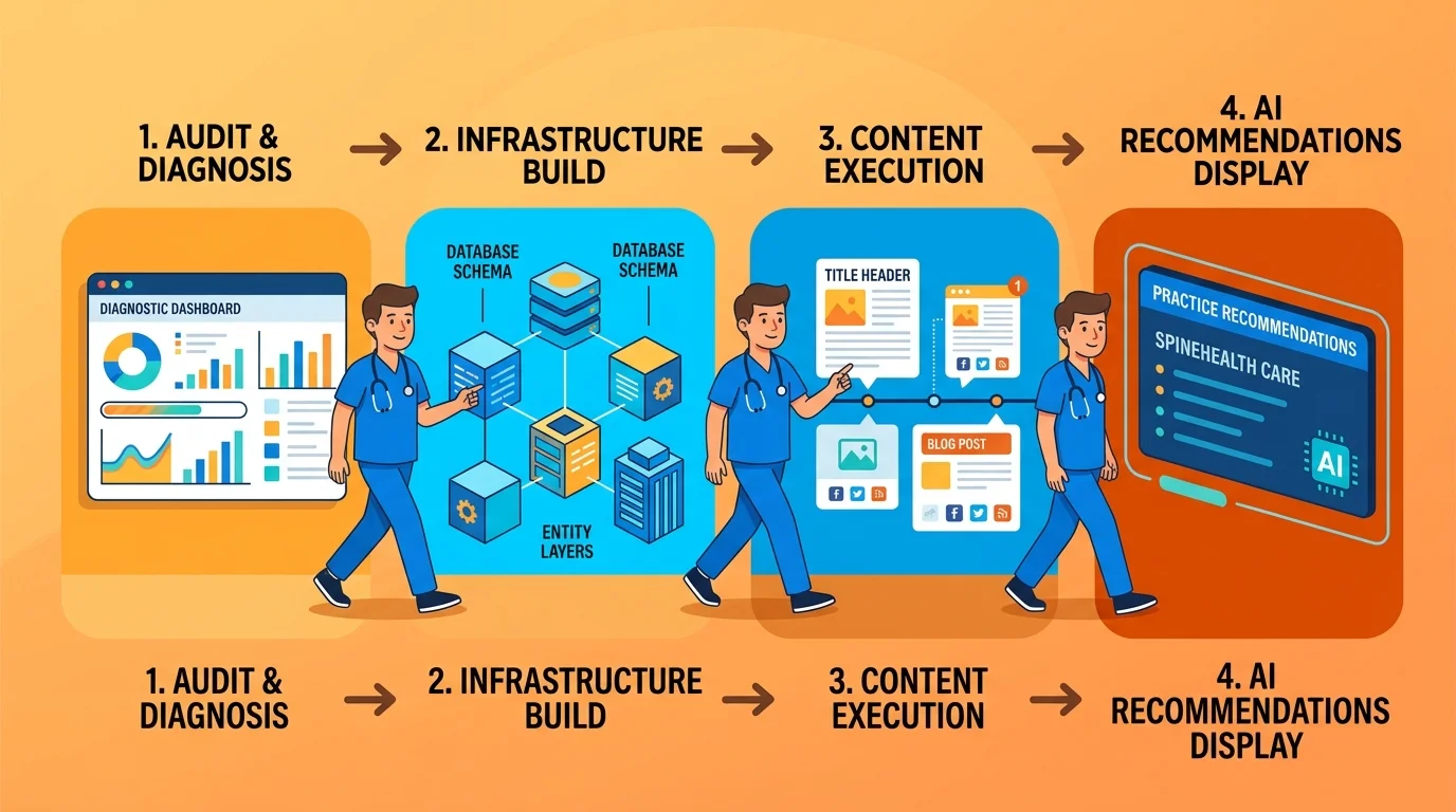 Market authority displacement process from audit through infrastructure and content to AI recommendation