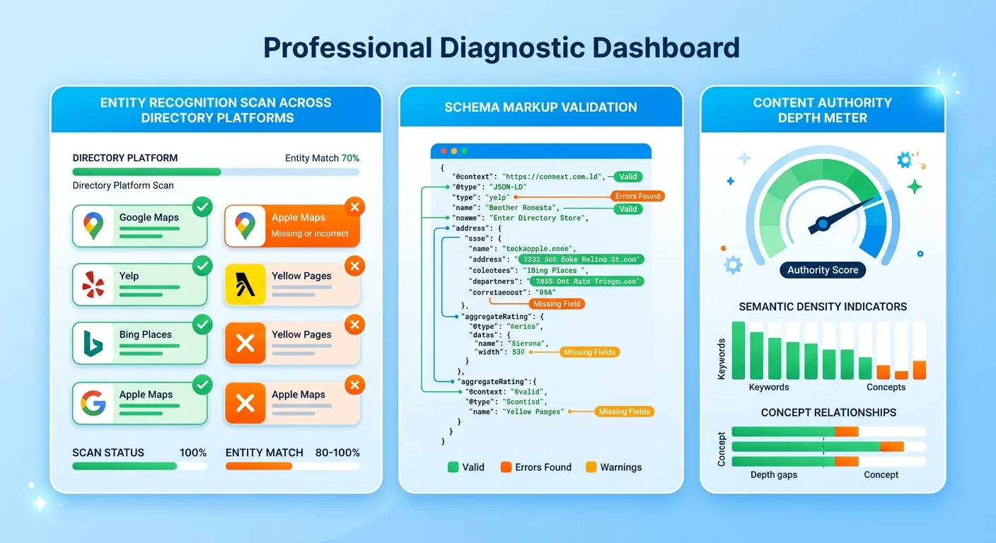 AI Visibility Check diagnostic measuring entity trust signals schema depth and content authority across practice infrastructure